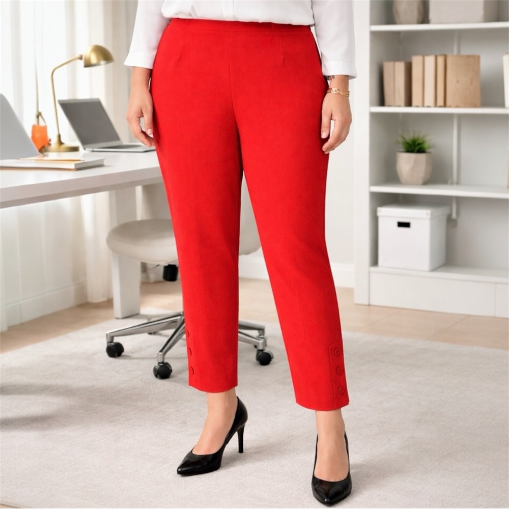 Lela Rose NWT $695 Wool Blend Cropped Ankle Pants 14 Red Coral Button Hem